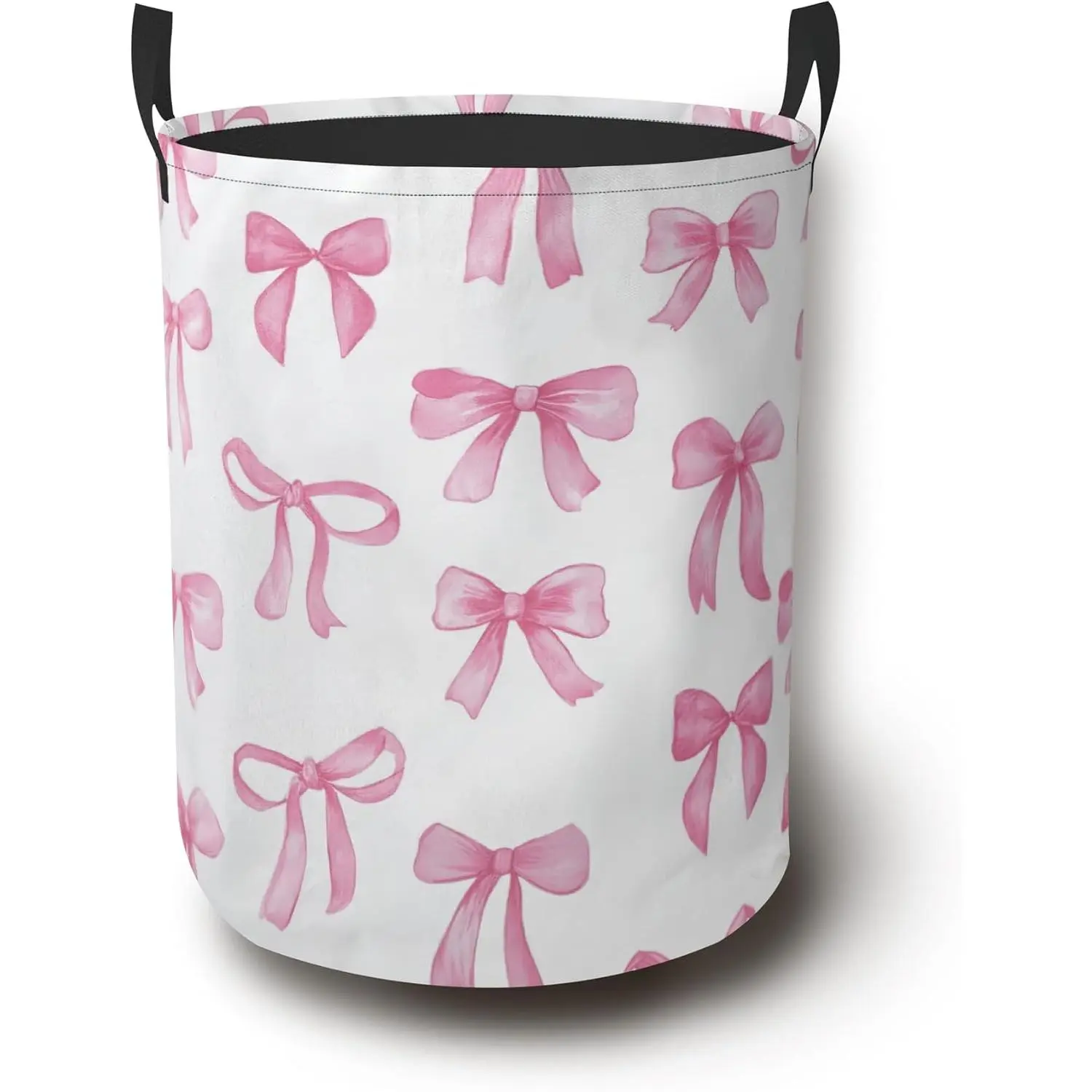 Pink Cute Bow Laundry Hamper with Handles,Collapsible Waterproof Storage Basket for Dirty Clothes Books Round Organizer Bin for Bathroom Bedroom College Dorms 16" x 20.8"