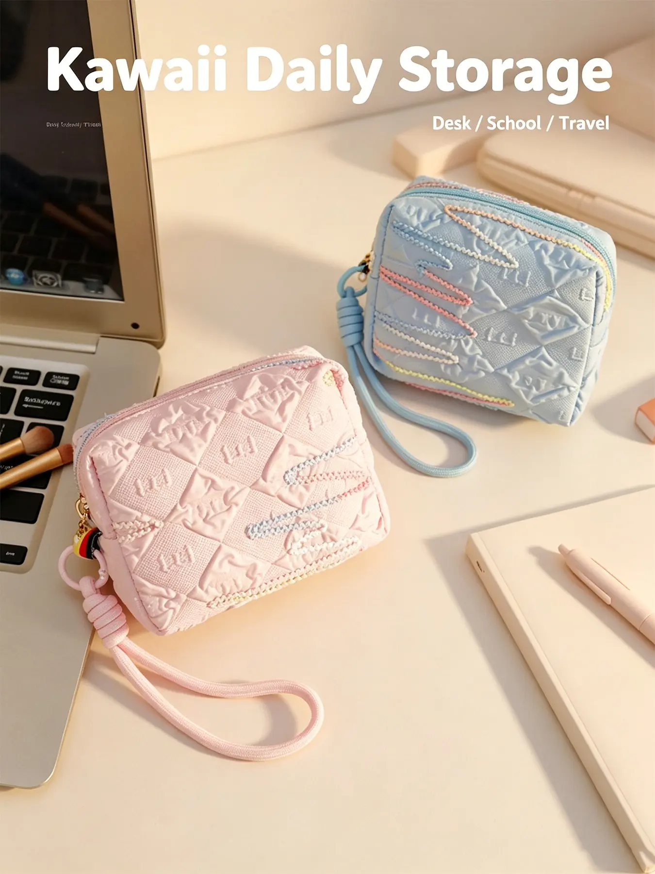 Pink & Blue Quilted Mini Storage Pouch, Zipper Wristlet Purse, Pastel Zipper Coin Purse with Braided Wrist Strap, Colorful embroidered cosmetic bag for school travel desk, soft lightweight organizer for teen girls, daily gift for students & friends