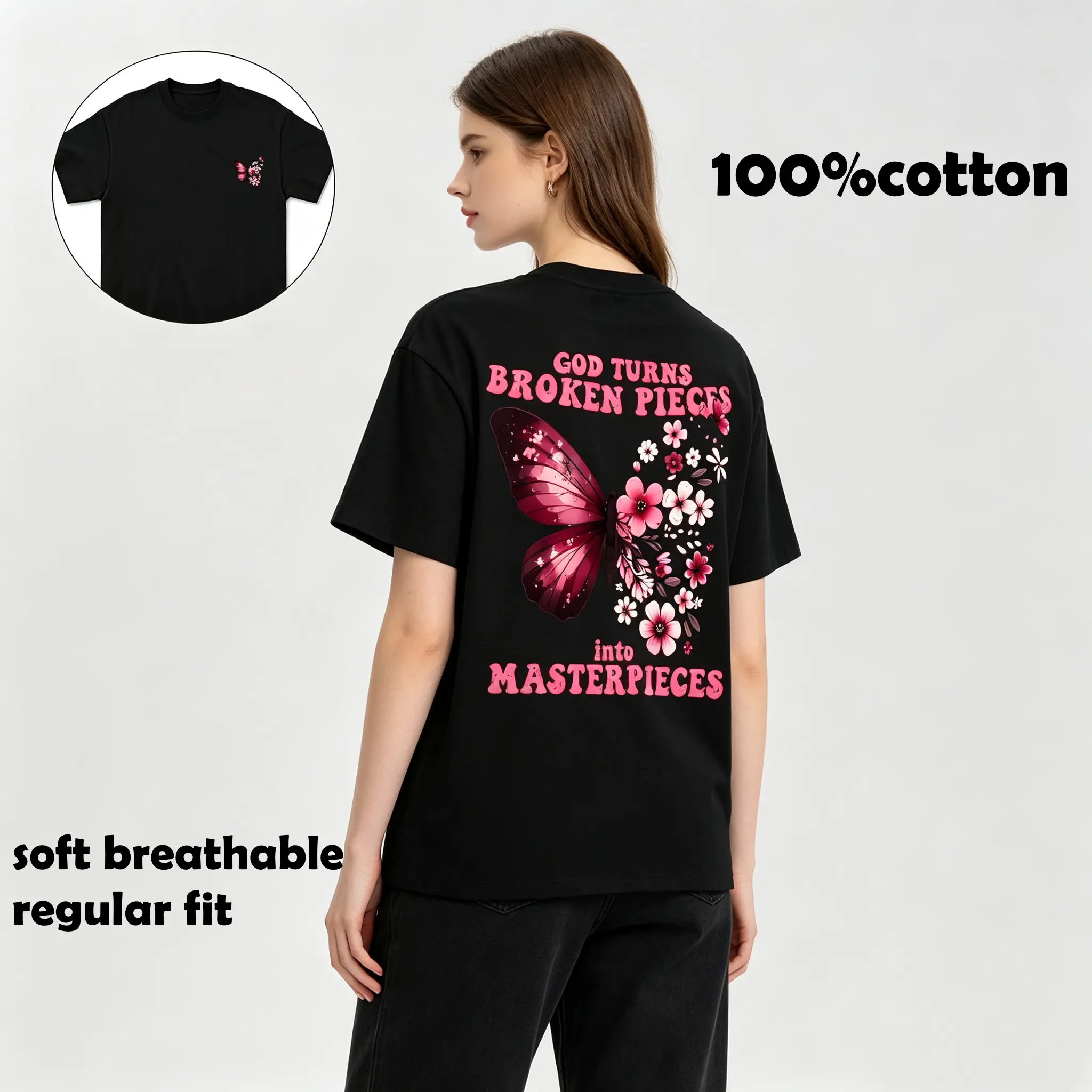 100% Cotton Black T-Shirt God Turns Broken Pieces Into Masterpieces Pink Butterfly Floral Front Back Print Christian Faith Graphic Tee Women Casual Top