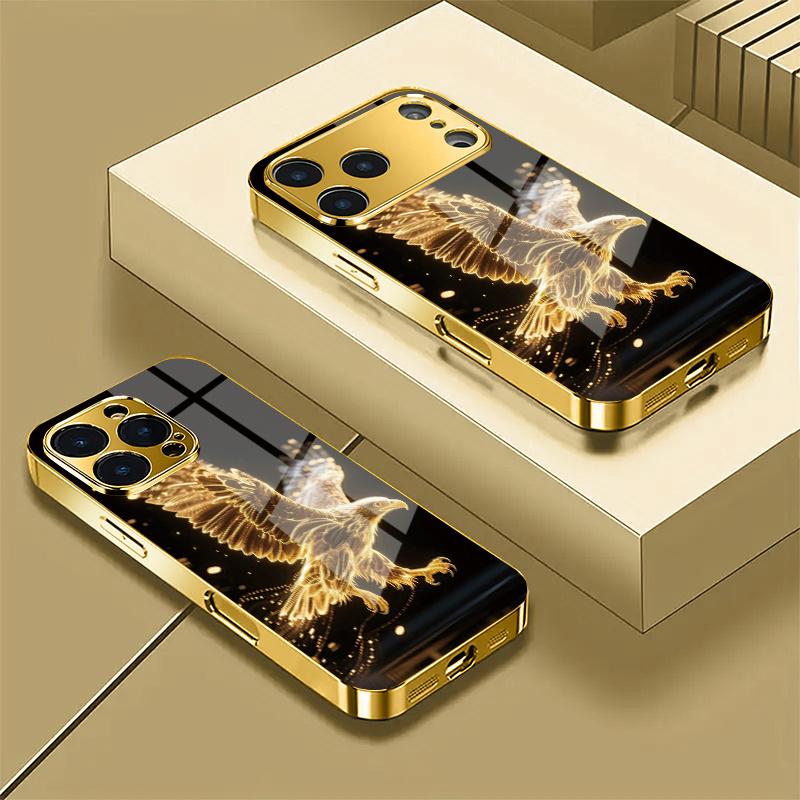 Mobile phone case: Fashionable golden eagle pattern mobile phone case, anti-fall hard case, fashionable electroplated glass.Suitable for iPhone and Samsung iPhone 17 16 15 14 13 12 11 Pro Max and Samsung Galaxy S20 S21 S22 S23 S24 S25 S26 Plus Ultra FE