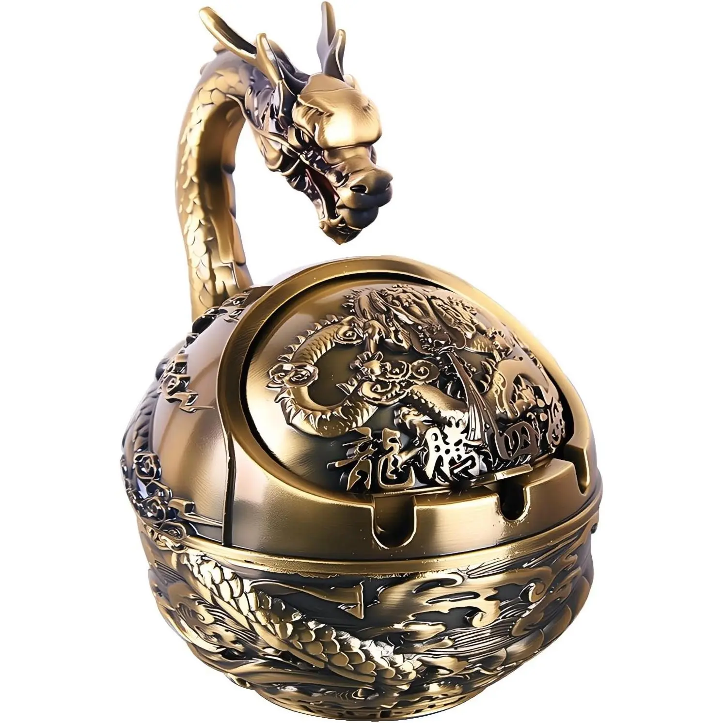 Vintage Metal Dragon Ashtray with Lid, Windproof Hand-Carved Bronze Smokeless Odorless Cigarette Ashtray, Decorative Gift for Indoor Outdoor Home OfficeGift