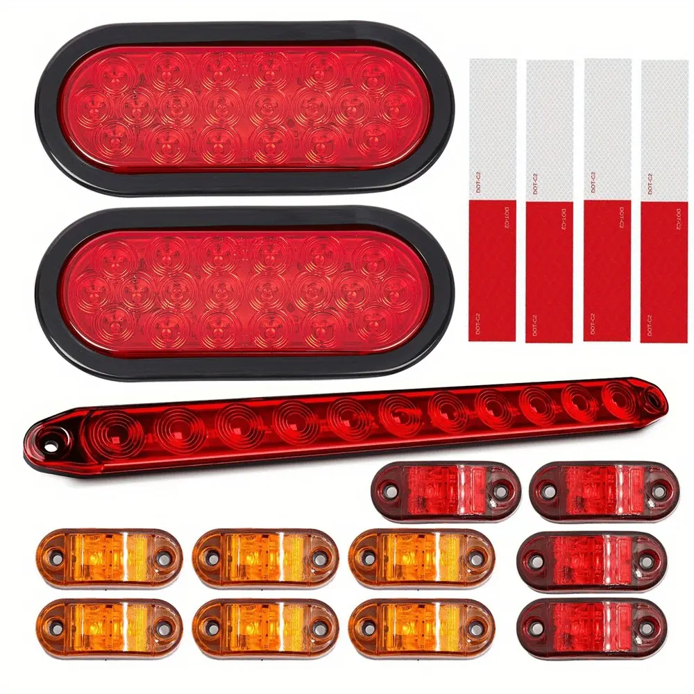 2pcs 6-inch Oval Oblong Red LED Light Bar + 1pc 15.5-inch Red LED Strip Light Bar + 6pcs Amber Small LED Light + 4pcs Red Small LED Light Combo Kit DC12V/24V LED Light Trailgate Bar LED Bar Kit for Car Truck Pickup RV Camper, Hardwired, No Battery