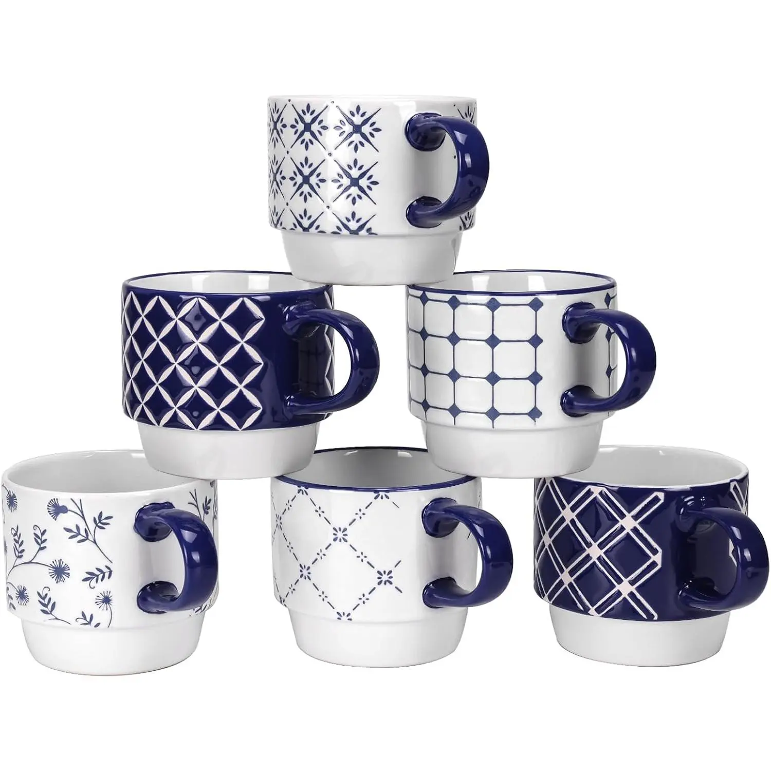 12 OZ Stackable Ceramic Coffee Mugs set of 6, Geometric Floral  Small Mug, Blue White Porcelain Coffee Mug, Stacking Coffee Mugs,  Mug, Water Cup, Dishwasher Safe, Microwave Safe