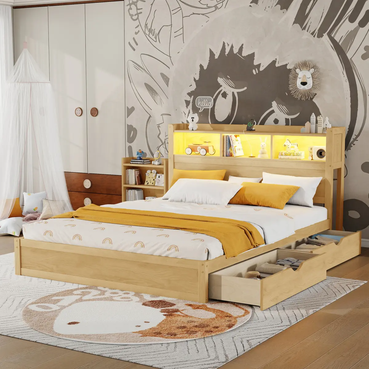  [Bellemave] Twin/Full/Queen/King Platform Bed with 2 Drawers and Storage Headboard, Pull Out Storage Cabinet, Wood Bed with Light and Socket, Storage Drawer Organizer