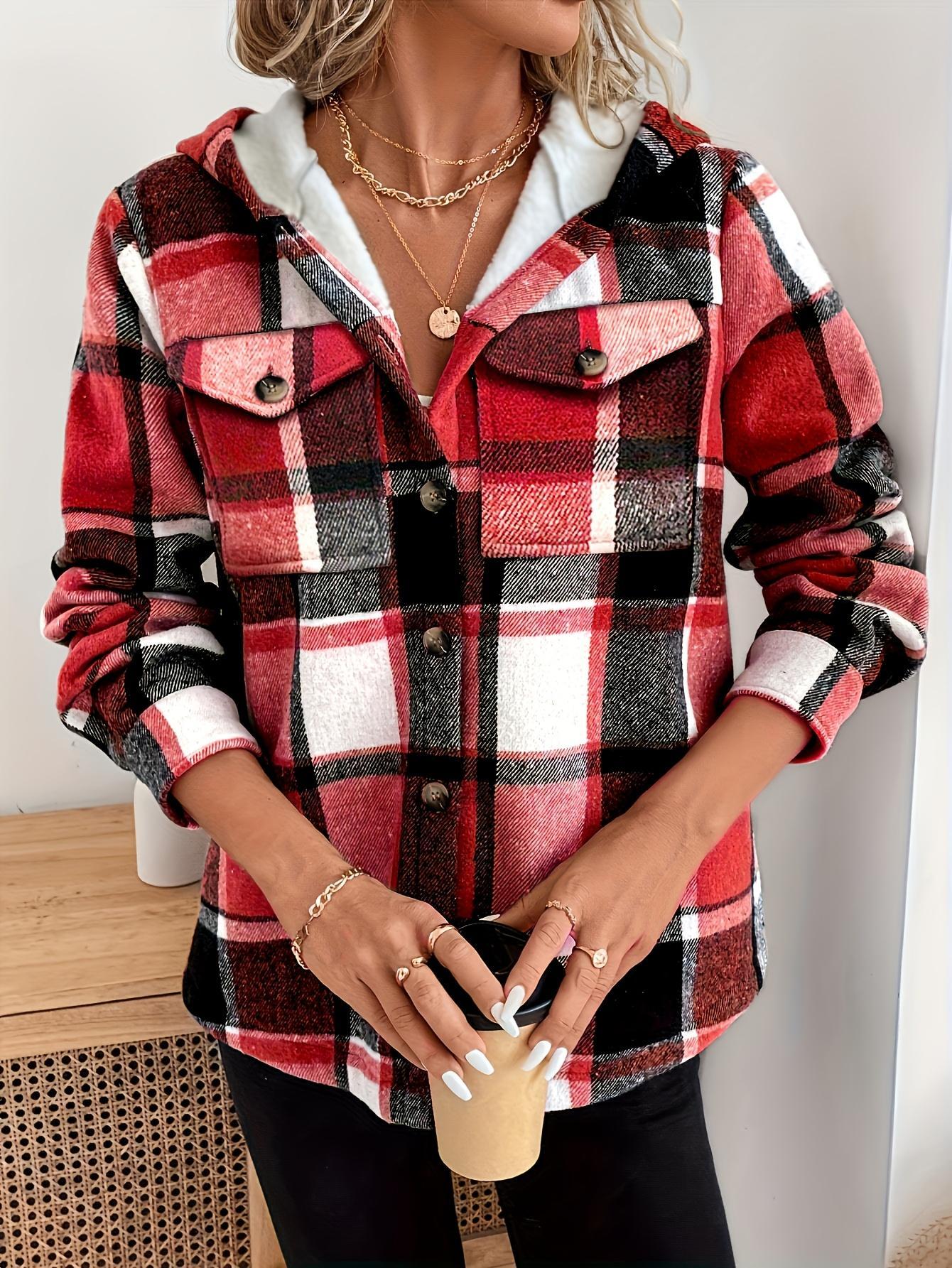 Women's Casual Plaid Hooded Jacket with Fleece Lining Woven Shirt  All-Season Warmth Lightweight Outerwear Coats Fashionable Winter Jacket