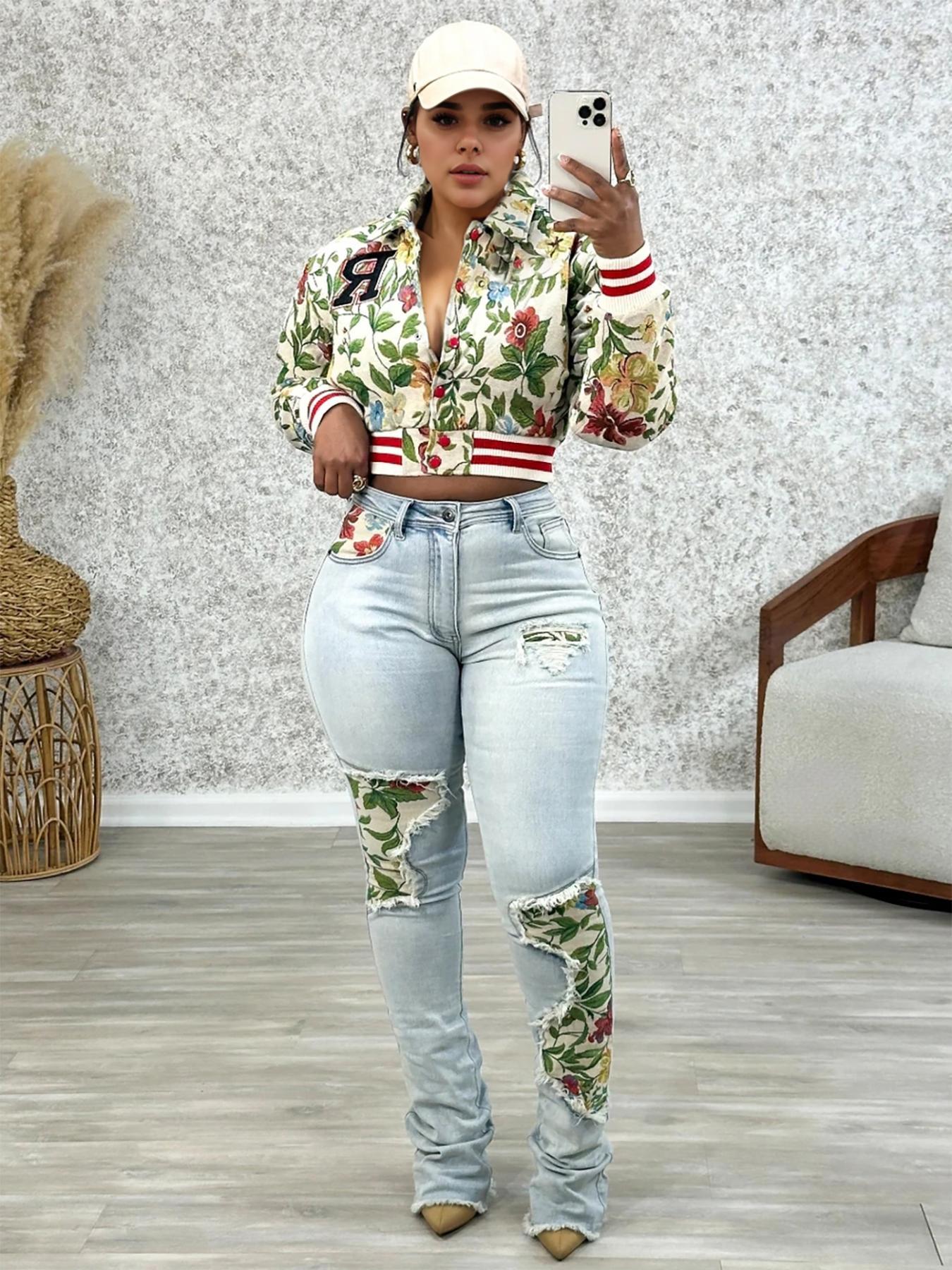 Women's Floral Print Collared Crop Varsity Jacket, Casual Fashionable Jacket, Long Sleeve Outerwear for Spring & Fall, Ladies Clothes for Daily Wear