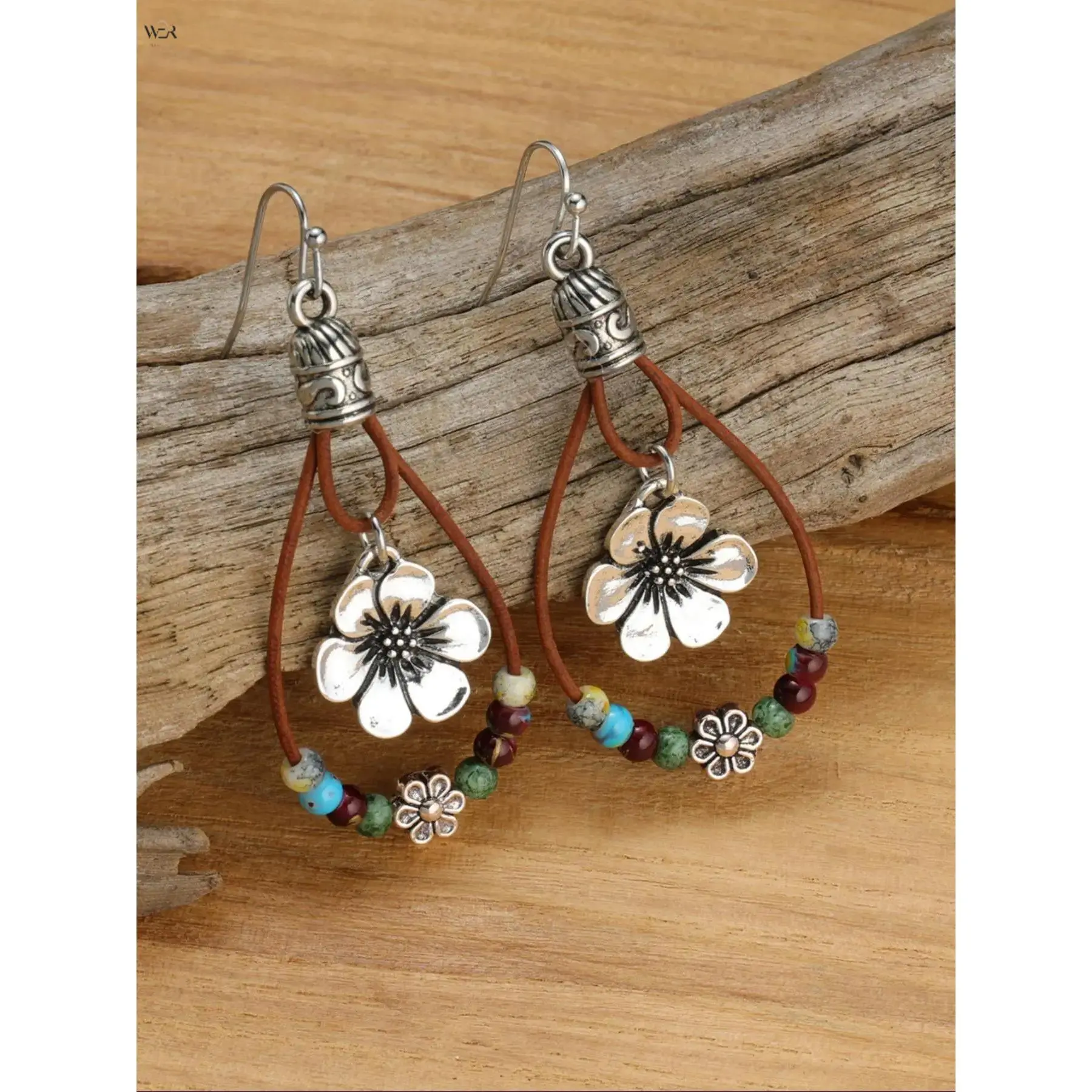 Vintage Boho Teardrop Dangle Earrings for Women, Antique Silver Metal Flower Charms Multicolor Natural Stone Beads Brown Leather Cord Drop Hook Earrings, Ethnic Bohemian Handmade Jewelry for Daily Holiday Party Outfit Accessory