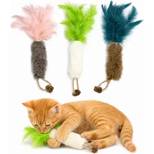 3 Pack Rabbit Fur Catnip Toys with Feathers – Interactive Carrot Cat Toys with Galls Fruit for Indoor Cats and Kittens