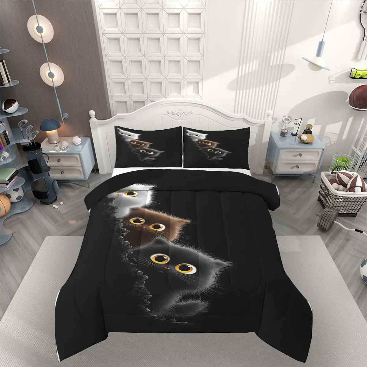 Chic Kitten Comforter Set, Fun Kitten Quilt Set, (3Pcs:1 Comforter, 2 Pillowcase, Pillow Insert Not Included), Breathable Polyester Bedding Set For Bedroom
