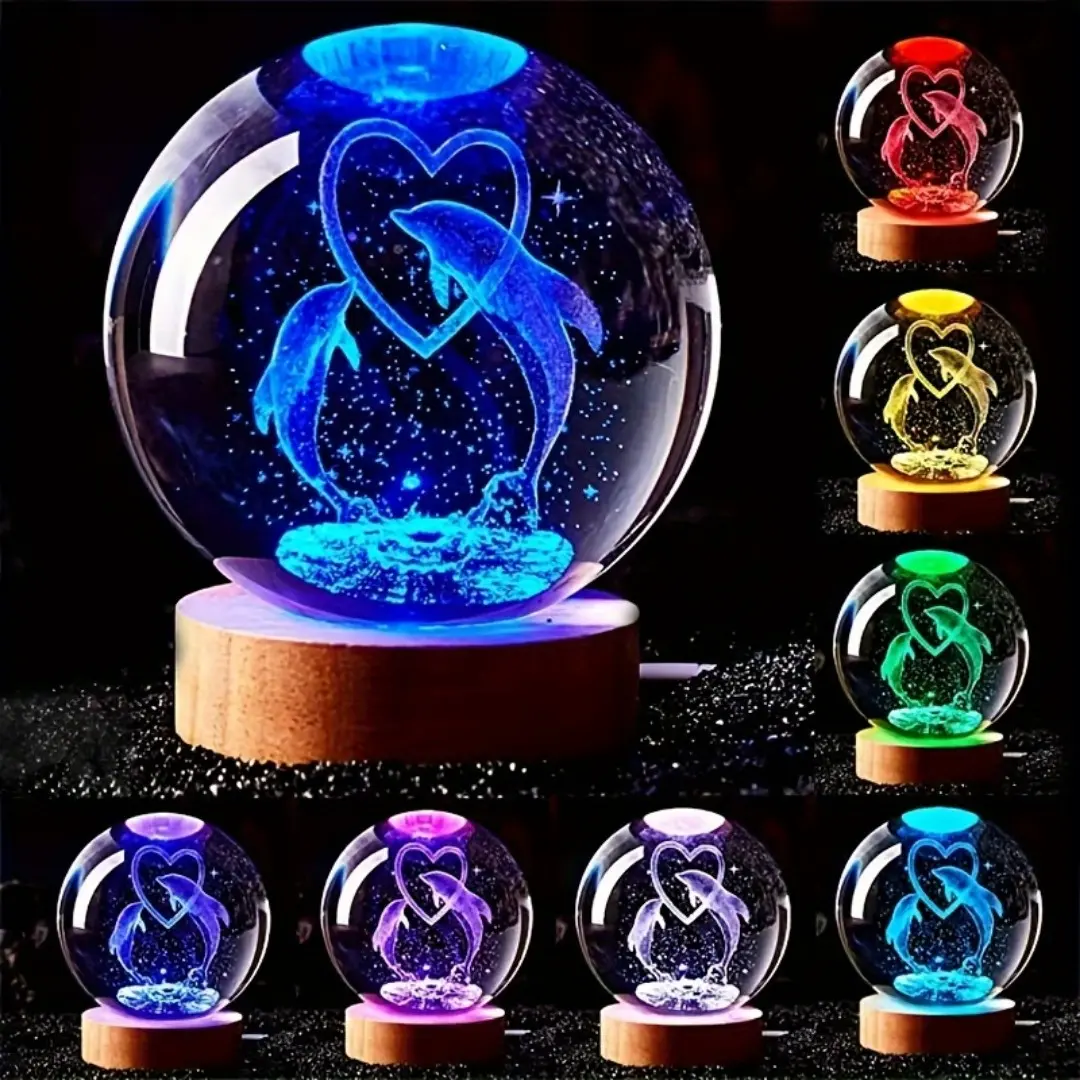 1pc USB-Powered Multicolor LED 3D Dolphin Animal Crystal Glass Ball Glowing Night Light - Color-Changing, DC Power Supply Compatible, Home Decoration, Perfect Home Decoration for Living Room, Valentine's Day Gift for Girlfriend, 3D Dolphin Crystal