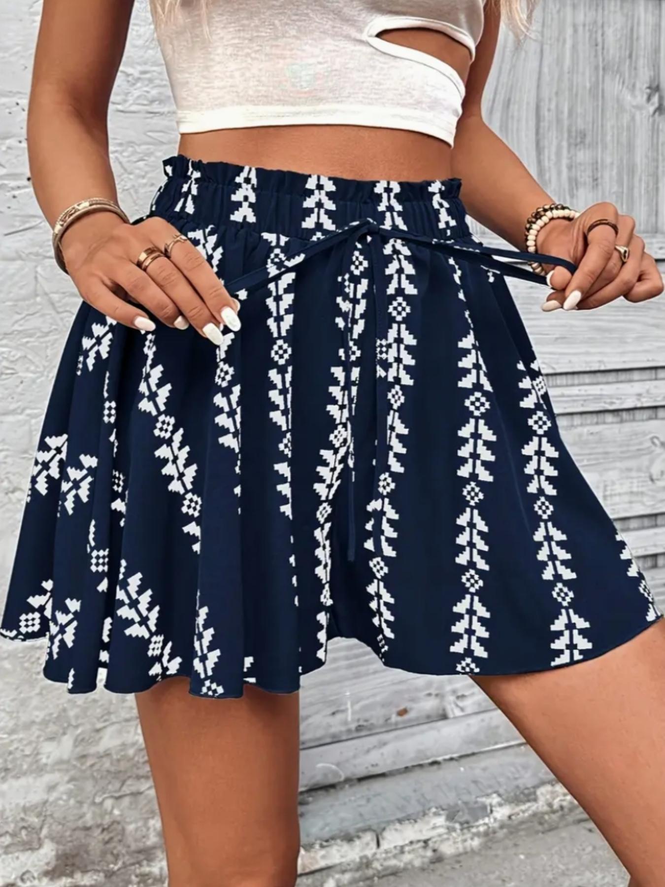 Women's All Over Print Knot Front Shorts, Casual Fashionable Shorts for Summer, Women's Bottoms for Daily Wear, Drawstring Shorts