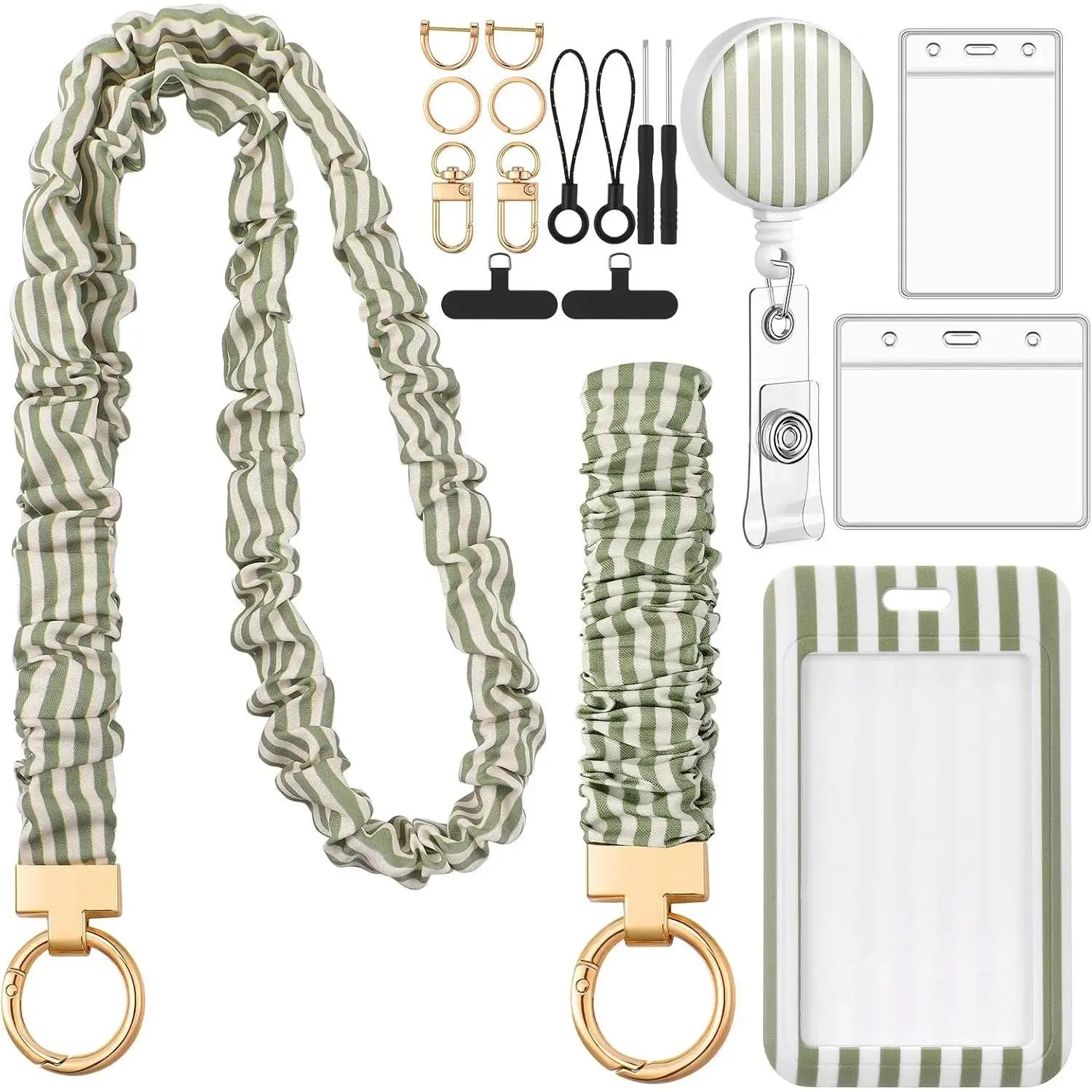 6 in 1 Set Green Stripes Scrunchies Lanyards for Id Badges, Long and Short Stretchy Lanyard with ID Badges Holders for Women Teacher Nurse
