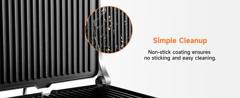 SUSTEAS Compact Indoor Grill – Features a non-stick surface, 180° adjustable lid for even heat distribution, and space-saving foldable design. Perfect for meats, veggies, and quick meals.