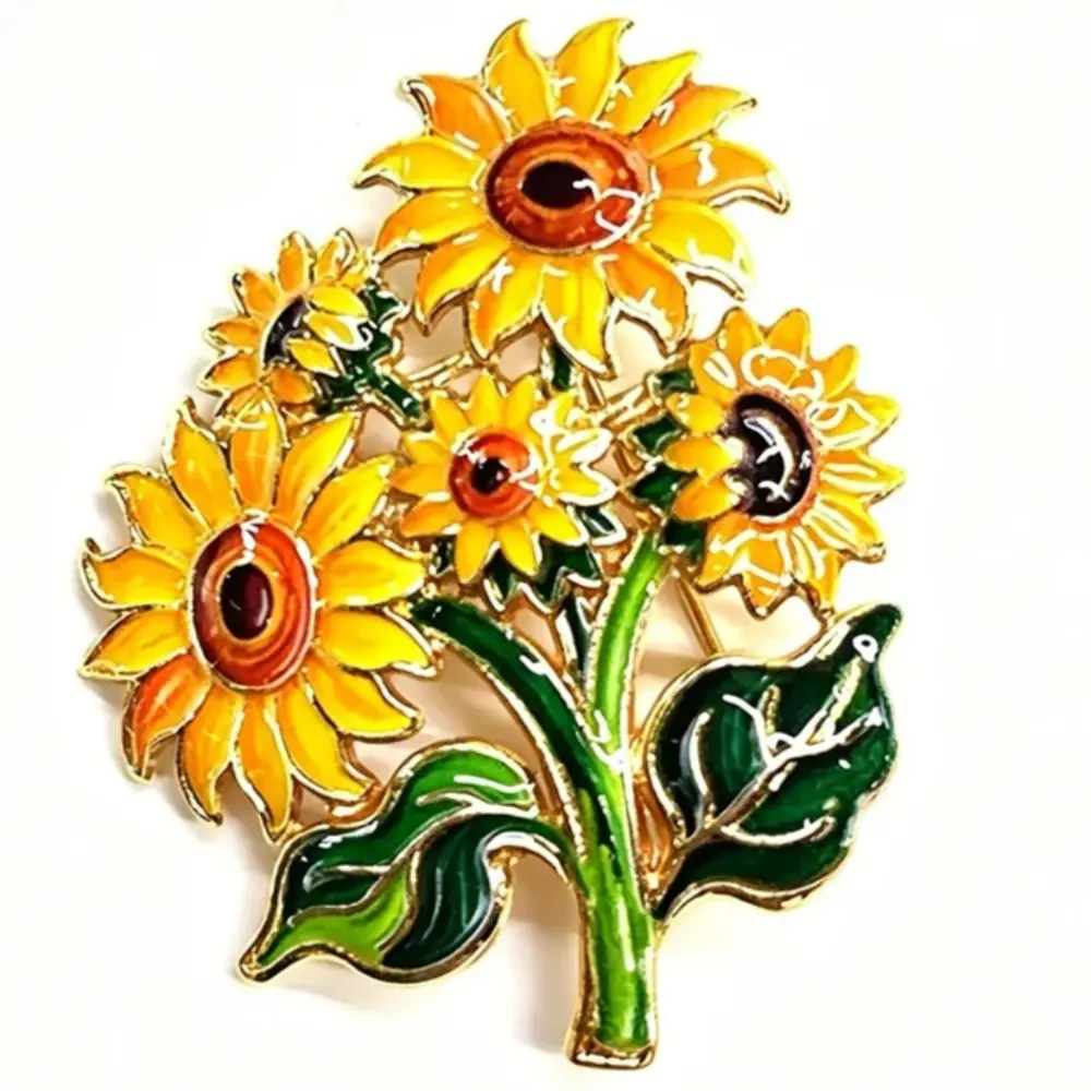 Van Gogh Style Sunflower Brooch Multi Flower Yellow Enamel Green Leaf Gold Floral Lapel Pin Coat Elegant Jewelry Gift