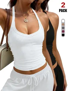 Women Ribbed Knit Halter Crop Tank Top, U Neck Sleeveless Slim Fit Cropped Cami, Stretchy Soft Fitted Basic Halter Vest for Daily Wear