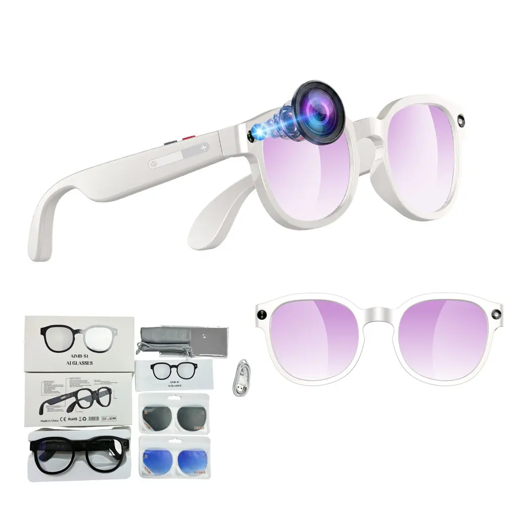 Smart Glasses with Build-in Camera , 2MP Camera, Video Recording, 270Mah Battery ,Hands-free Bluetooth Calling,Music Control, AI Translation ,3 Lens Total(Sunglasses +Anti-Blue Lens+Gradient ),AI Glasses