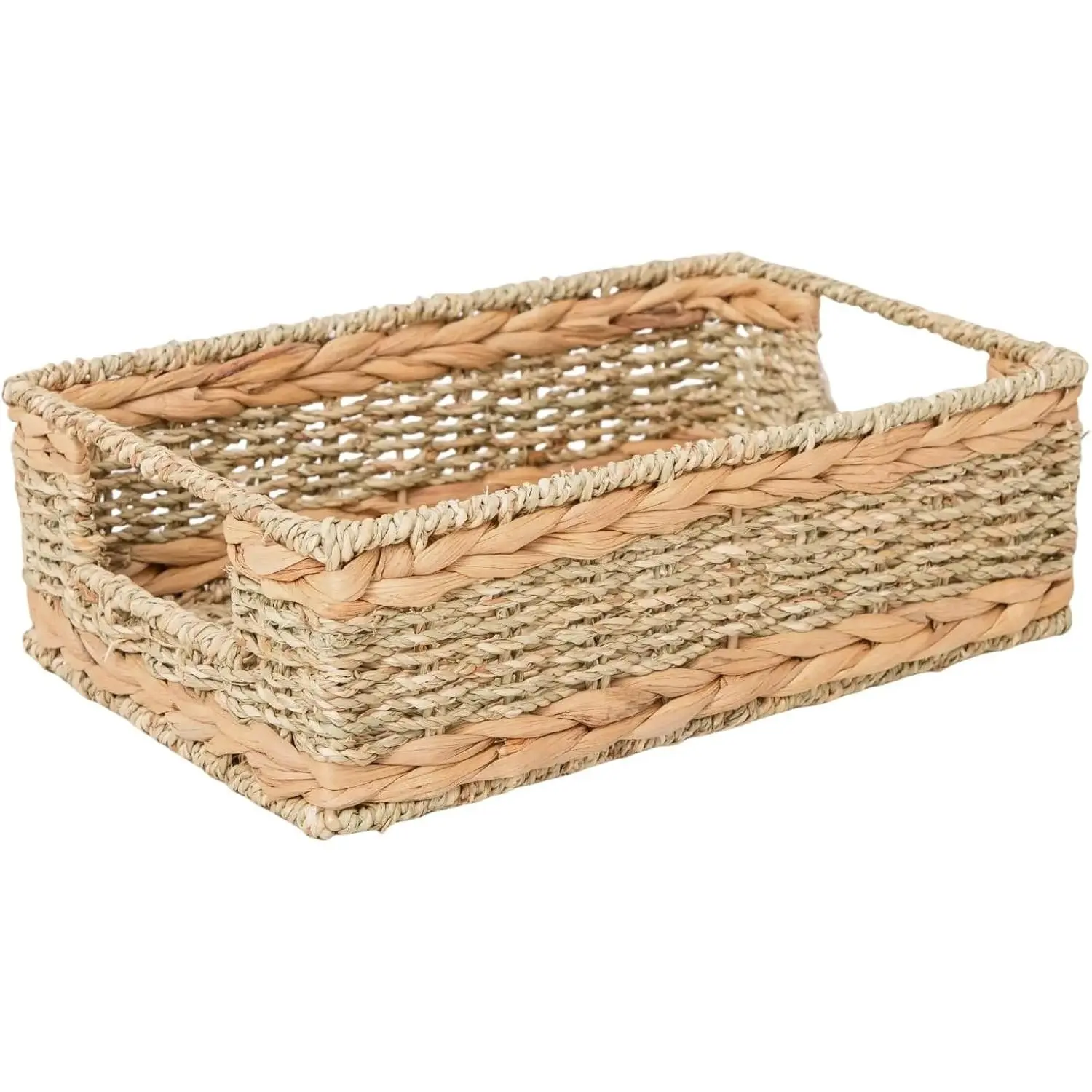 Small Water Hyacinth&Seagrass Storage Basket Organizer | Rectangle Rustic Woven wicker basket with handle, for shelves, countertops,or as a  basket
