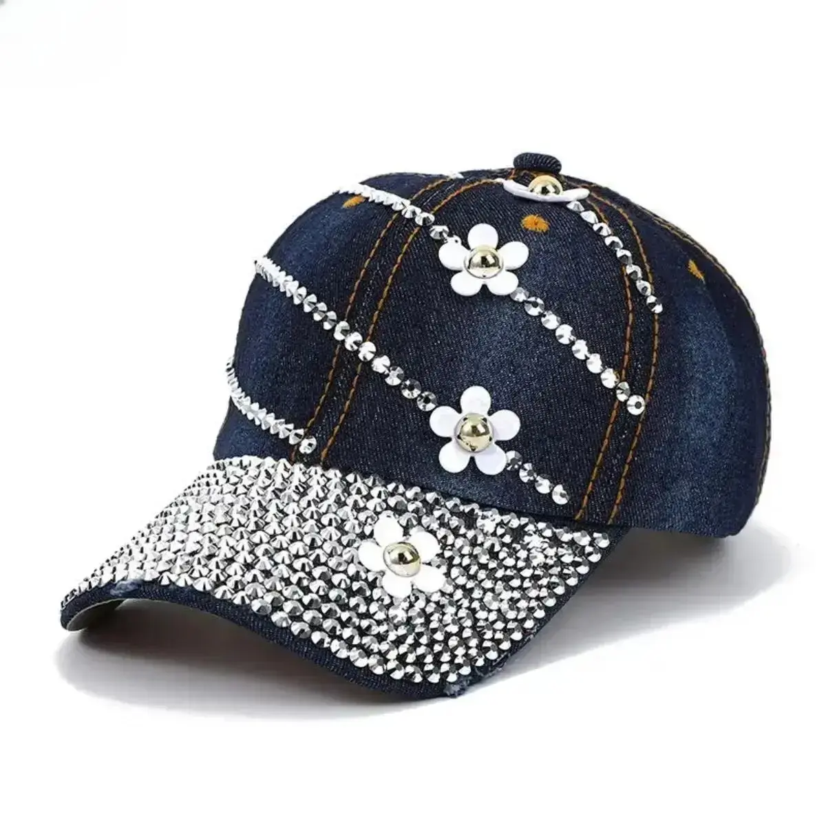 Women’s Rhinestone Baseball Cap, Bling Embellished Floral Hat, Adjustable Fashion Streetwear Sun Hat