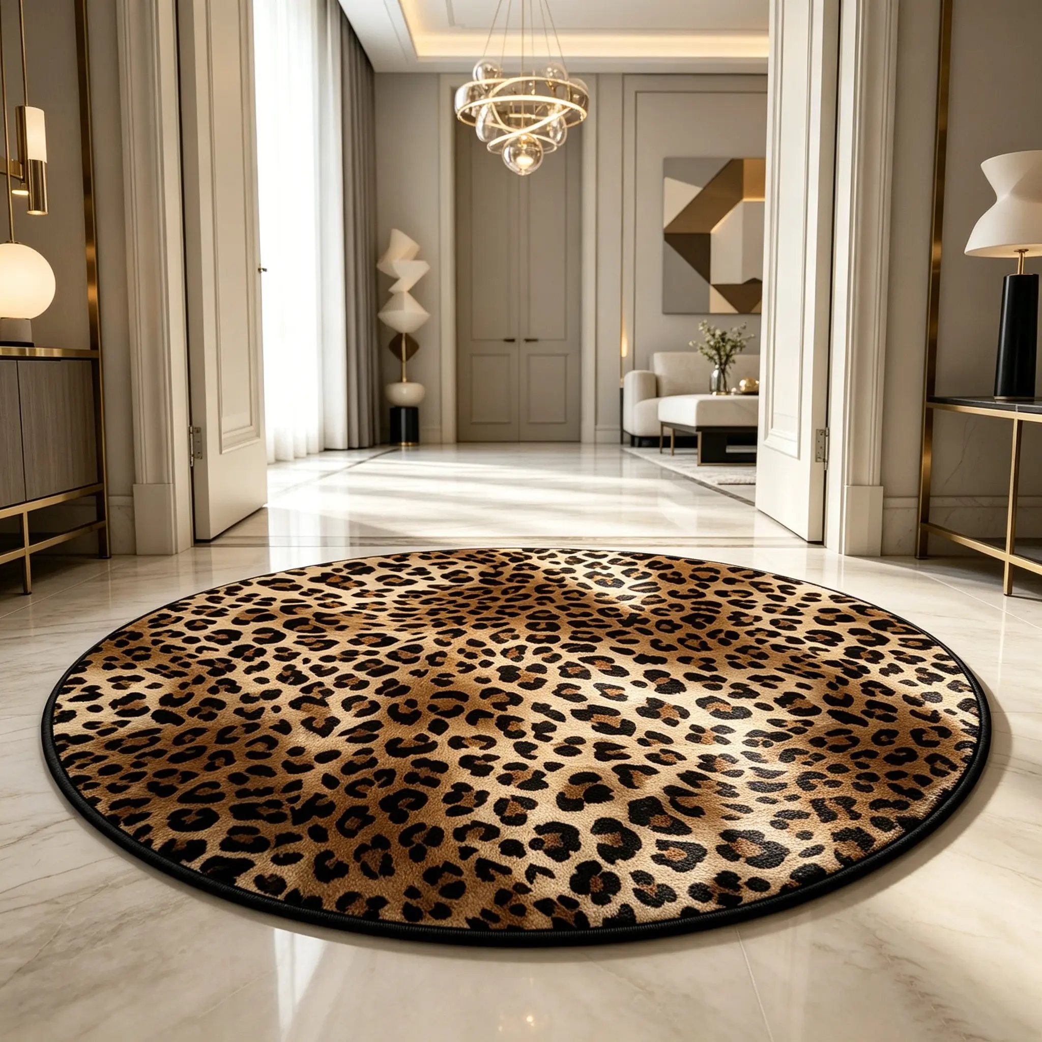 American Retro Leopard Print Round Rug, Modern Coffee Color Living Room Mat, Soft Comfortable Non-Slip Washable Carpet
