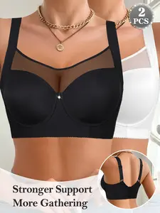1/2PCSWomen's Smooth Mesh Bra with Mesh Panel on Top to Prevent Exposure, Wide Adjustable Shoulder Straps, Lifts, Gathers, Anti-Sagging and Tucks Armpit Fat
