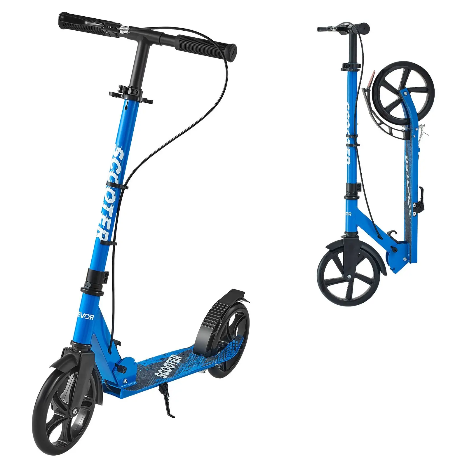 VEVOR 2-Wheel Aluminum Kick Scooter for Teens 8+ & Adults - Hand Brake, Height-Adjusted Handlebar, PU Wheels, Shock Absorption, 7.5 lbs Foldable Lightweight, Wide Anti-Slip Deck, Lean-to-Turn Steering, 220 lbs Capacity, Safe Ride, Black + Blue