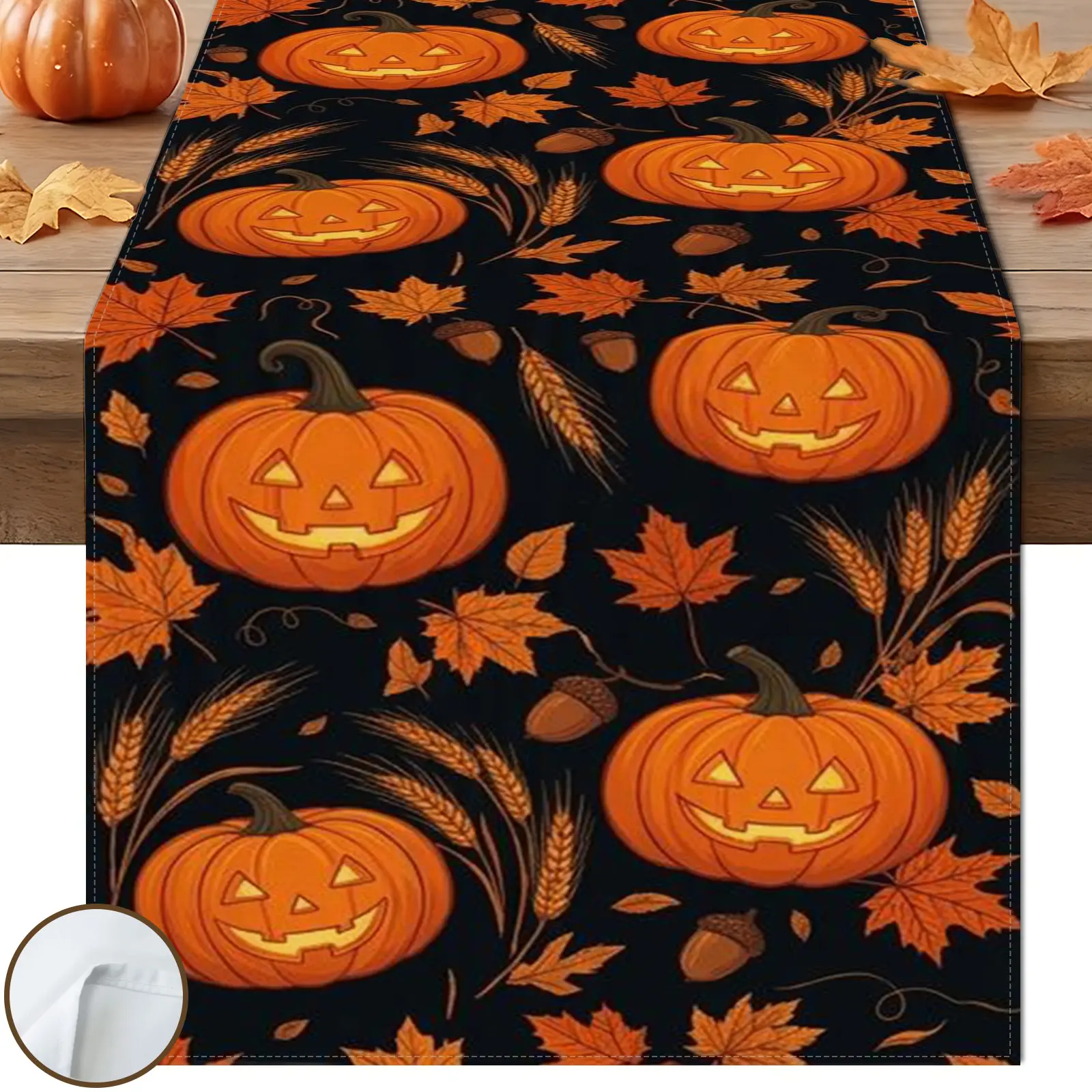 1pc Black Jack-o'-lantern Table Runner, Halloween Cool Style, Black Background Orange Jack-o'-lantern Wheat Acorn Maple Pattern, for Halloween Party Table Decor.