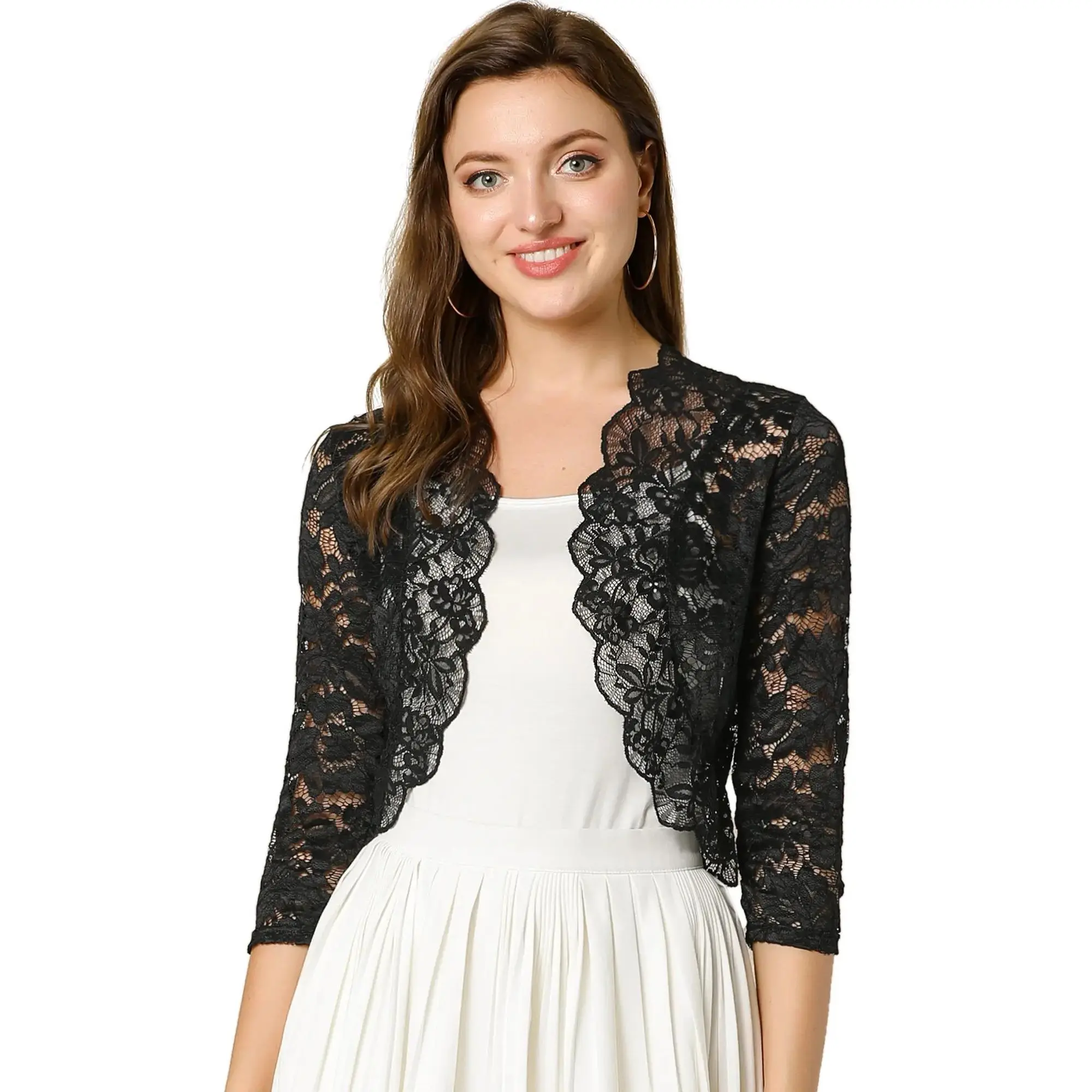 3/4 Sleeve Sheer Floral Lace Shrug Top