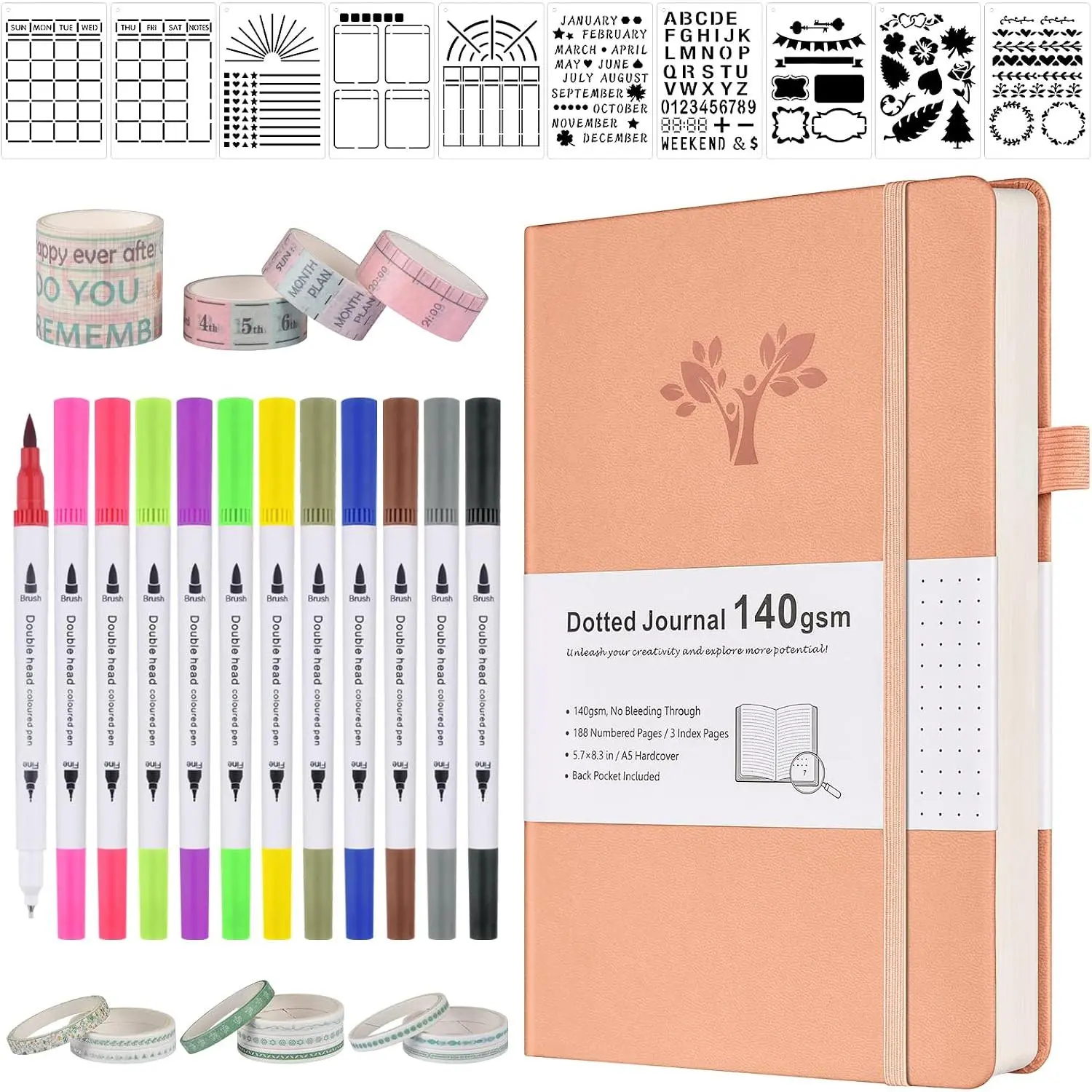 A5 Size Modern Dotted Journal Kit, 188-Page 140gsm Bleed-Proof Dot Grid Notebook with Vegan Leather Hardcover, Journaling Supplies Including 12 Brush Pens, 10 Stencils, 14 Washi Tape for Scrapbook & Bujo Planning