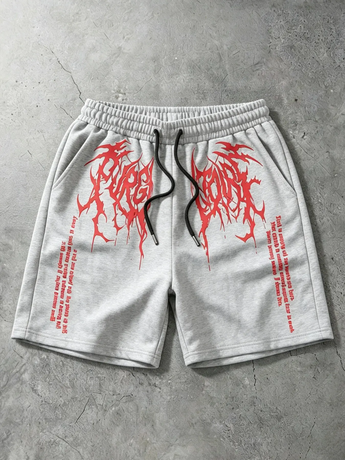 Men's Y2K Gothic Black Metal Graphic Sweat Shorts, Athleisure Street Shorts, Red Thorn Font Vertical Print Loose Drawstring Waist Side Pocket Casual Athletic Shorts, Summer Workout Gym Skateboarding Daily Streetwear Unisex Hip Hop Sports Pants