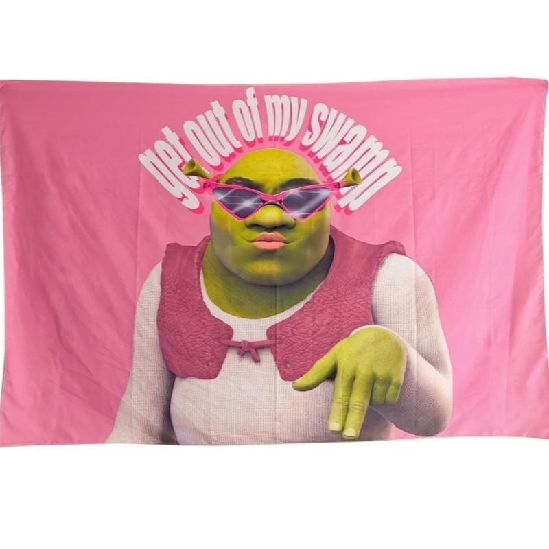 Tapestry  Funny Shrek Pink Tapestry 3x5 Get Out Of My Swamp Meme Tapestry Wall Hanging Dorm Backdrop Home Decor for Bedroom Living Room Decorative Landscape Table Light Peach Velvet Decoration