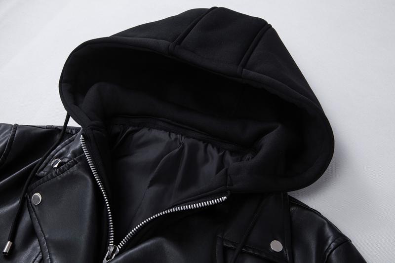 Men's fashionable black PU leather jacket - A versatile and fashionable black mid-length hooded motorcycle leather jacket for winter stand-up collar casual men. Besides keeping warm for men