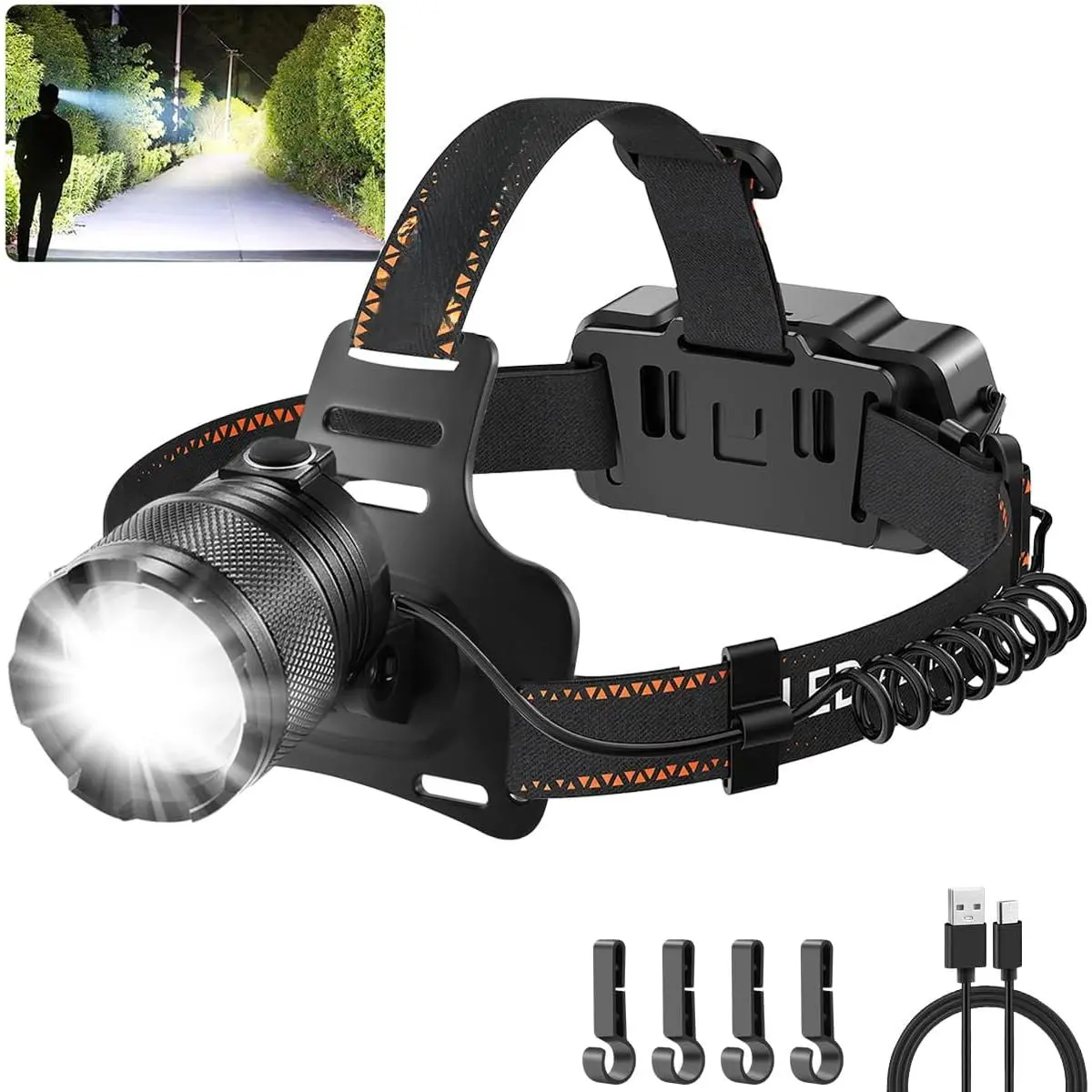 Super Bright Aluminum Headlamp, Rechargeable Headlamp High Lumen, 90 °   Adjustable Focus Head Lights  Forehead, Head Lamps LED Rechargeable, Waterproof Headlamps  Adults Camping Hard Hat New model