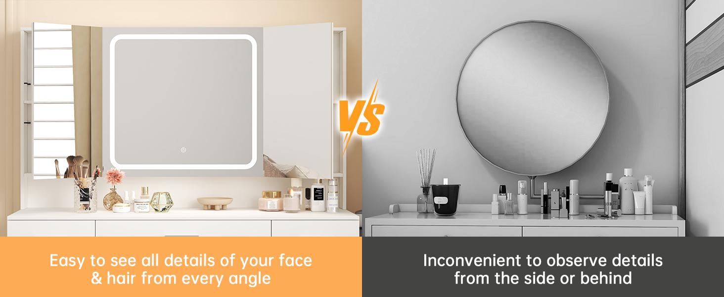 White Tri-Folding Lighted Vanity Desk with 7 Drawers | Big Makeup Vanity with Mirror & Chairs for Bedroom