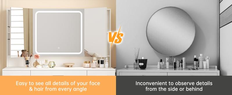 White Tri-Folding Lighted Vanity Desk with 7 Drawers | Big Makeup Vanity with Mirror & Chairs for Bedroom