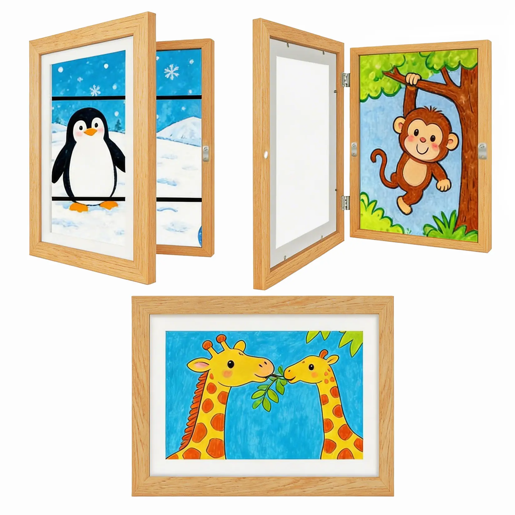 Magnetic Rotate A4 Wooden Picture Frame Set of 3 – Multi-Functional Display for Kids’ Art, Certificates, Photos – Reusable, Horizontal & Vertical Wall Mount