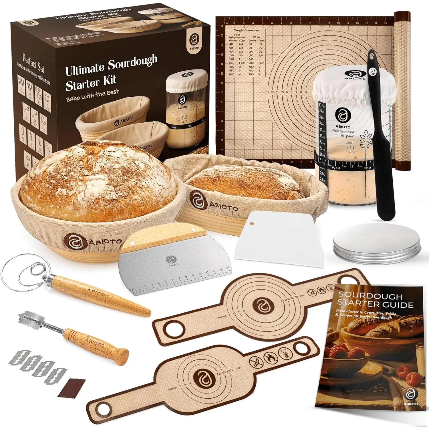 Sourdough Starter Kit with 10" Round & 11" Oval Banneton Proofing Basket and 34oz Starter Jar - Beginner-Friendly Sourdough Bread Baking Supplies and Baking Gifts for Women, Men, and Bread Bakers
