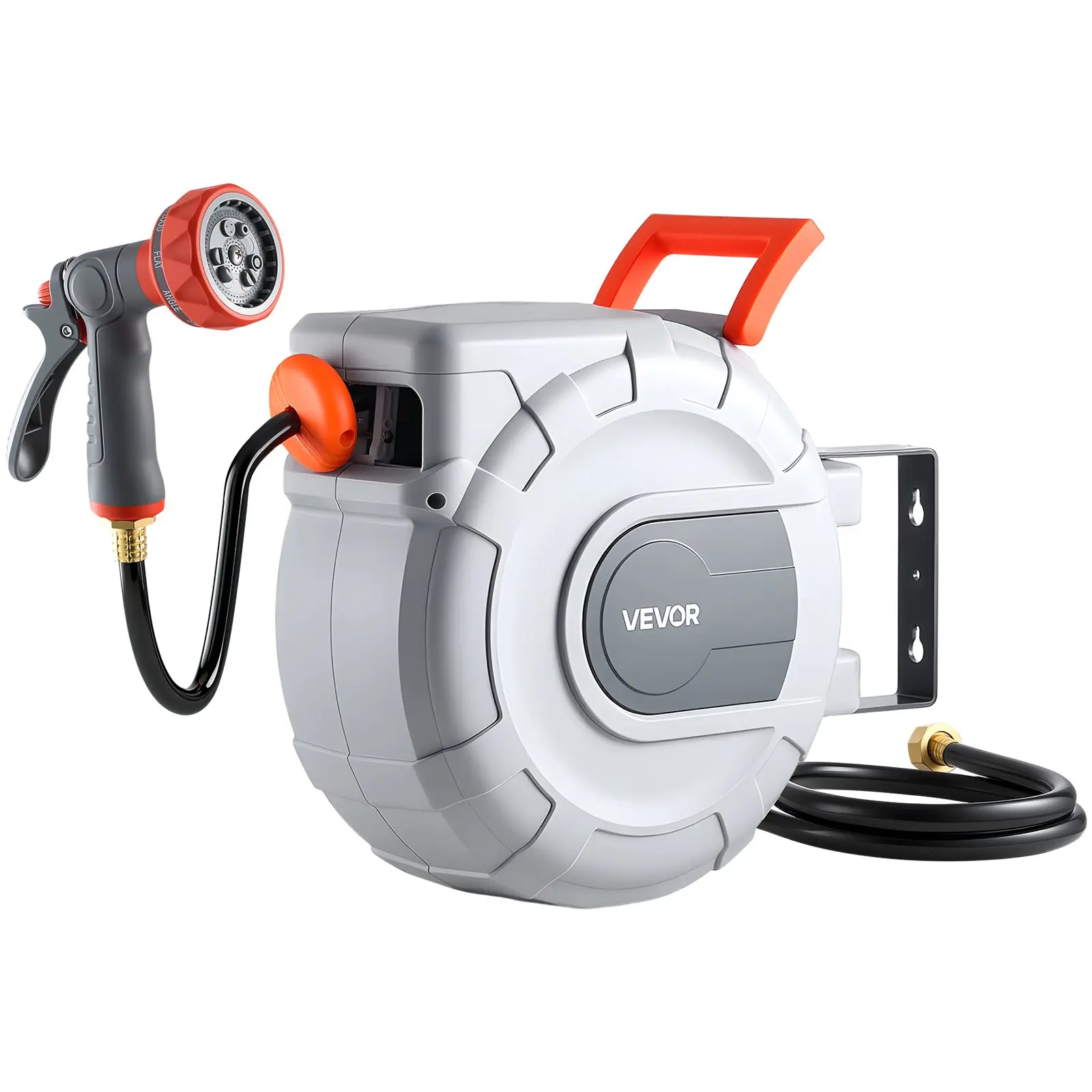 【Summerfinds】VEVOR Steel Compact Retractable Garden Hose Reel, 1/2 in x 50 ft Wall-Mounted, 9-Pattern Sprayer Nozzle, 180° Swivel Bracket, Any Length Lock, Automatic Slow Rewind, 200+ Psi, for Outdoor Garden Watering, Car Washing, Wall Mount, Smooth & Con