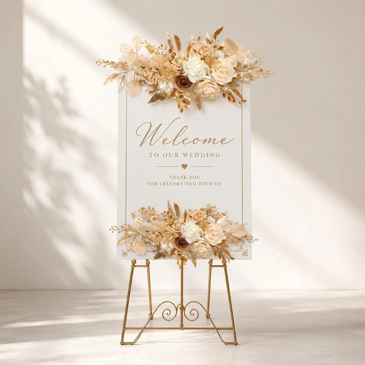 Naked champagne wedding welcome floral decoration set, including artificial roses, dahlias, eucalyptus leaves, and green plant arrangements, suitable for homemade floral arrangements on wedding ceremonies, anniversary parties, and wall backgrounds