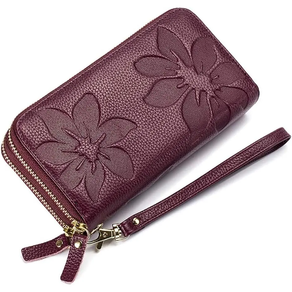 RFID-blocking women's leather wallet, double zipper smartphone pocket, embossed floral pattern, with credit card slots, cash compartment, large capacity clutch bag