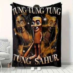 Tung Tung Tung Sahur Meme Blanket, Italian Brainrot Funny Flannel Throw Blanket, Soft Lightweight Couch Sofa Bed Bedding Decor, Cozy All Season Bedspread Gift for Fans and Friends