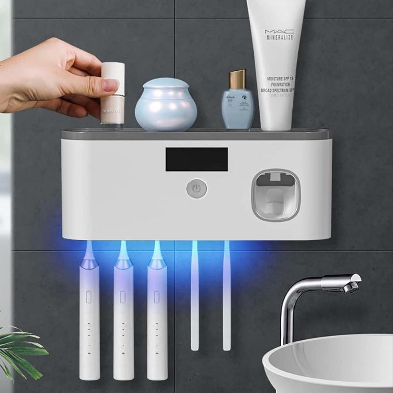 Wall-Mounted Bathroom Toothbrush Holder with UV Sanitizer, Rechargeable Cordless Toothbrush Organizer with Automatic Toothpaste Dispenser, Space-Saving Storage for Toothbrushes and Toothpaste