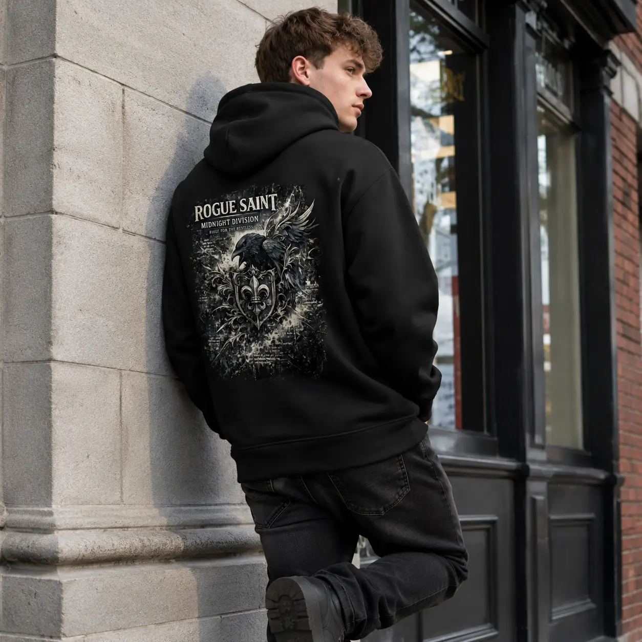 Dark Gothic Rogue Saint Hoodie | Raven Heraldic Shield Grunge Dark Art Urban Streetwear Back Print Pullover Sweatshirt