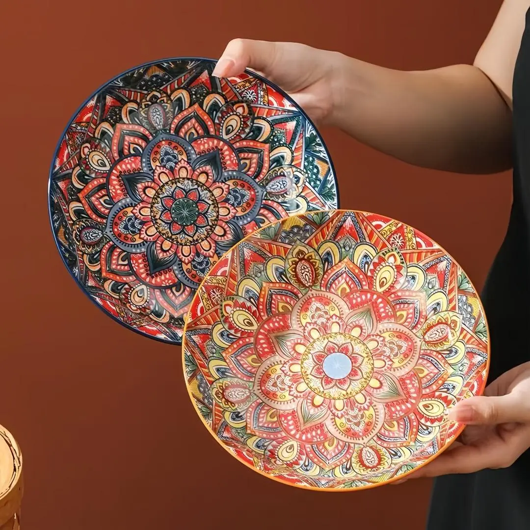 Hand Painted Ceramic Plate Set, 3 Counts/set Colorful Flower Pattern Dinner Plate & Dipping Bowl, Household Tableware Set for Home Kitchen Dining Room, Ceramic Dinnerware Set