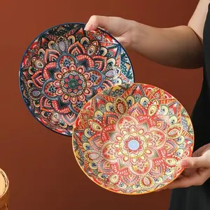 Hand Painted Ceramic Plate Set, 3 Counts/set Colorful Flower Pattern Dinner Plate & Dipping Bowl, Household Tableware Set for Home Kitchen Dining Room