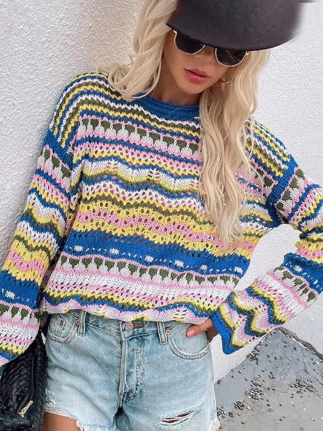 Women's Colorful Striped Print Hollow Out Drop Shoulder Knitting Sweater, Casual Long Sleeve Round Neck Jumper for Spring & Fall, Fashion Women's Knitwear for Daily Wear