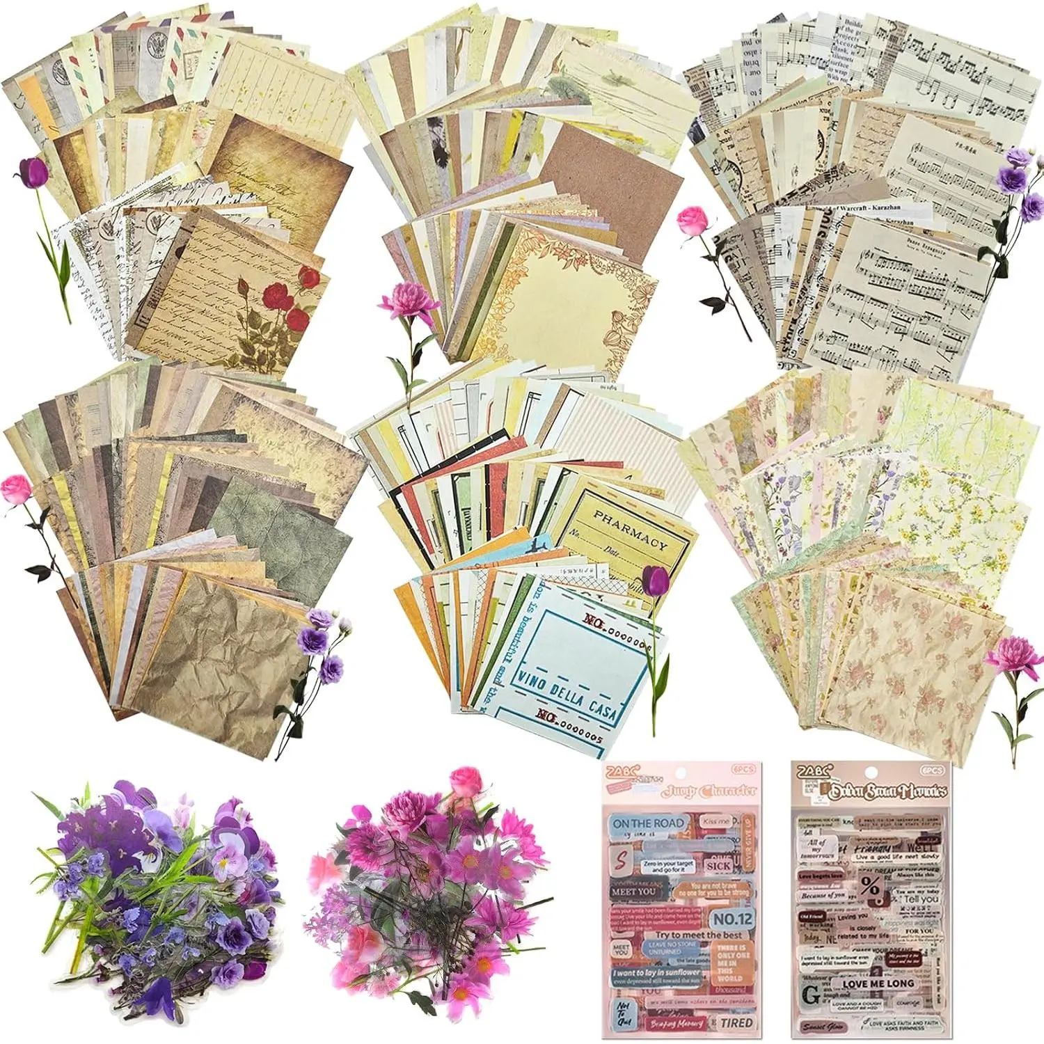 699 count  Scrapbook Paper Kit, Scrapbook Paper Supplies with  Stickers, Journaling Decorative CraftPaper Set for Junk Journal, Retro Crafts
