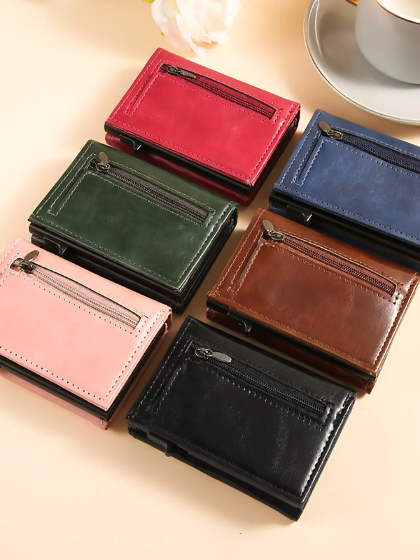Airtag Tracker Wallet, Three-Fold Card Holder, Crazy Horse Leather PU, Aluminum Alloy, Magnetic Anti-Theft Coin Case, Unisex, Magnetic Closure Wallet
