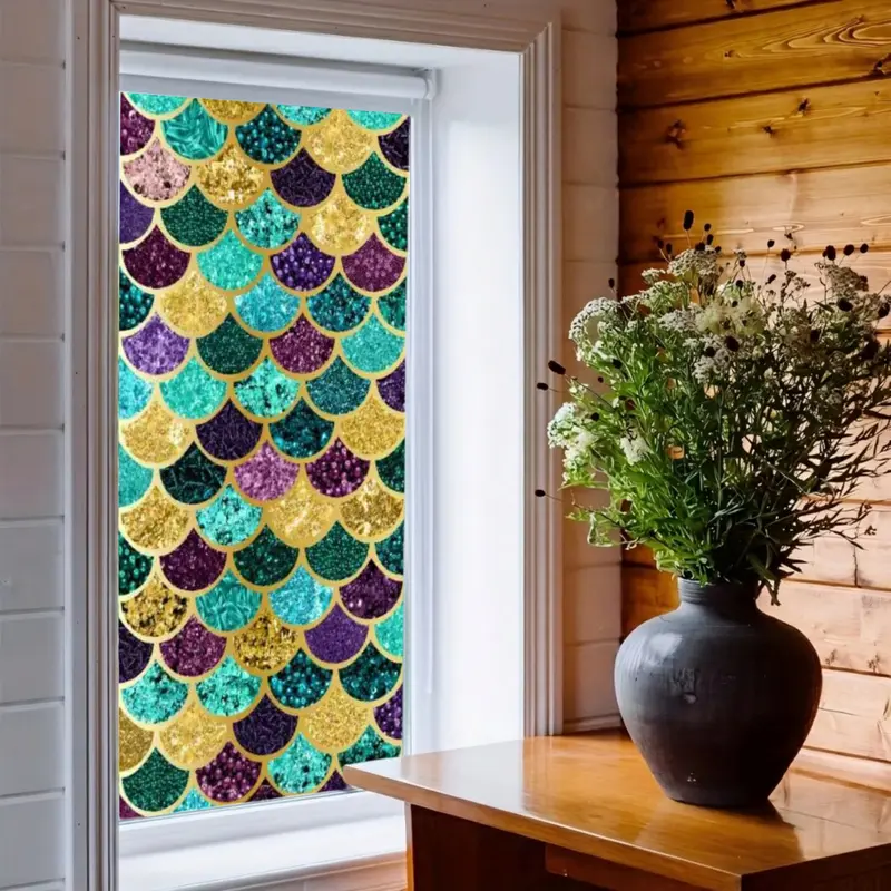 Colorful Mermaid Fish Scale Printed Roller Window Shade, Glitter Gold Scallop Blackout Blind for Bedroom Bathroom Home Decor