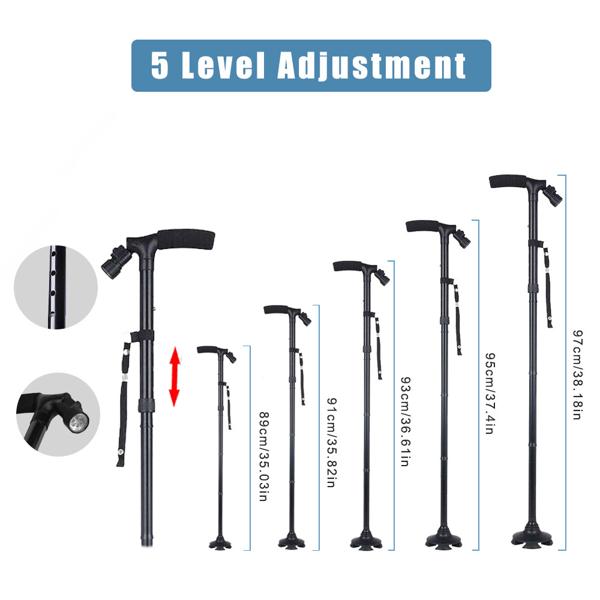 5-Level Adjustable Height Foldable Walking Stick - 360° Anti-Slip Pivoting Base, 6 Built-in LED Lights (180° Rotation), Ergonomic Foam Handle, Lightweight Aluminum Alloy, 250LBS Capacity, Portable for Camping, Black​ Healthcare  Tool Cane Equipment