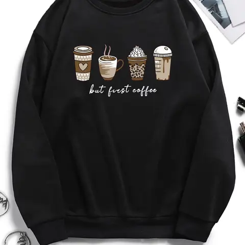 Women's Cartoon Coffee & Cup Print Drop Shoulder Round Neck Sweatshirt, Casual Long-sleeve Pullover for Spring & Fall, Women's Clothes for Daily Wear